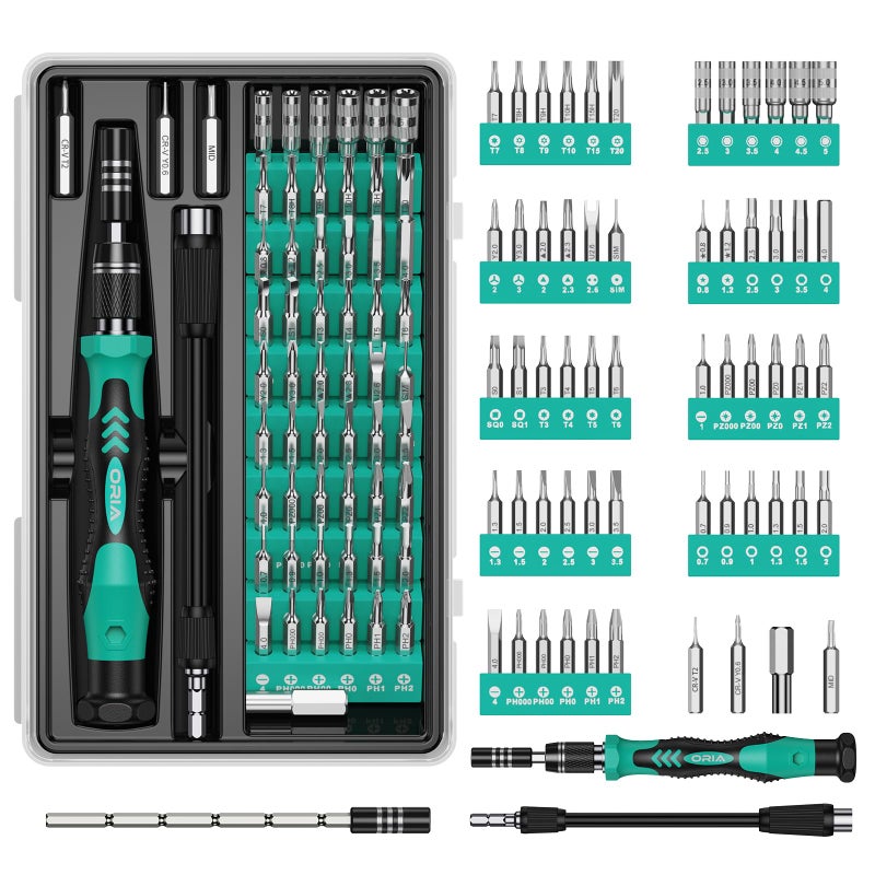 ORIA Small Screwdriver Set, 61 in 1 with 57 Bits Precision Screwdriver Set, Mini Repair Tool Kit with Extension Rod for Smartphone, Game Console, Tablet, PC, Green - Image 1